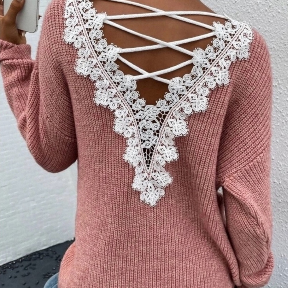 October Love Pink V-Neck Sweater with Ribbed Texture